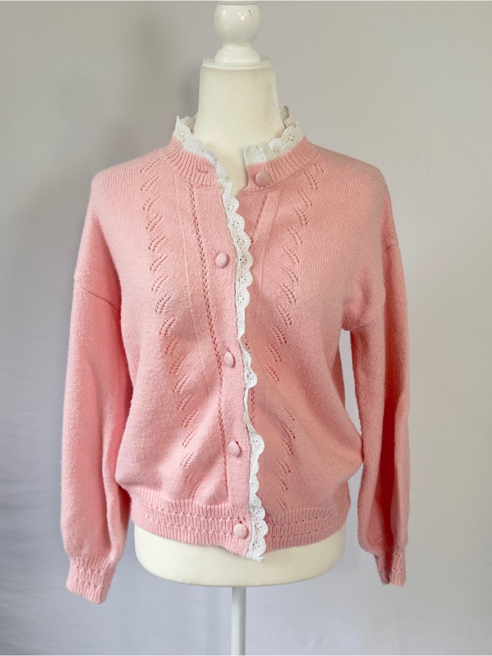 Pink Pointelle Knit Cardigan XL Eyelet Lace Trim Covered Buttons Sweater
